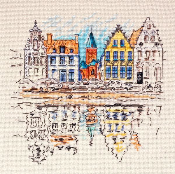Cross stitch kit - Colored town-1 22x22cm Beige Aida 14ct needlepoint kit
