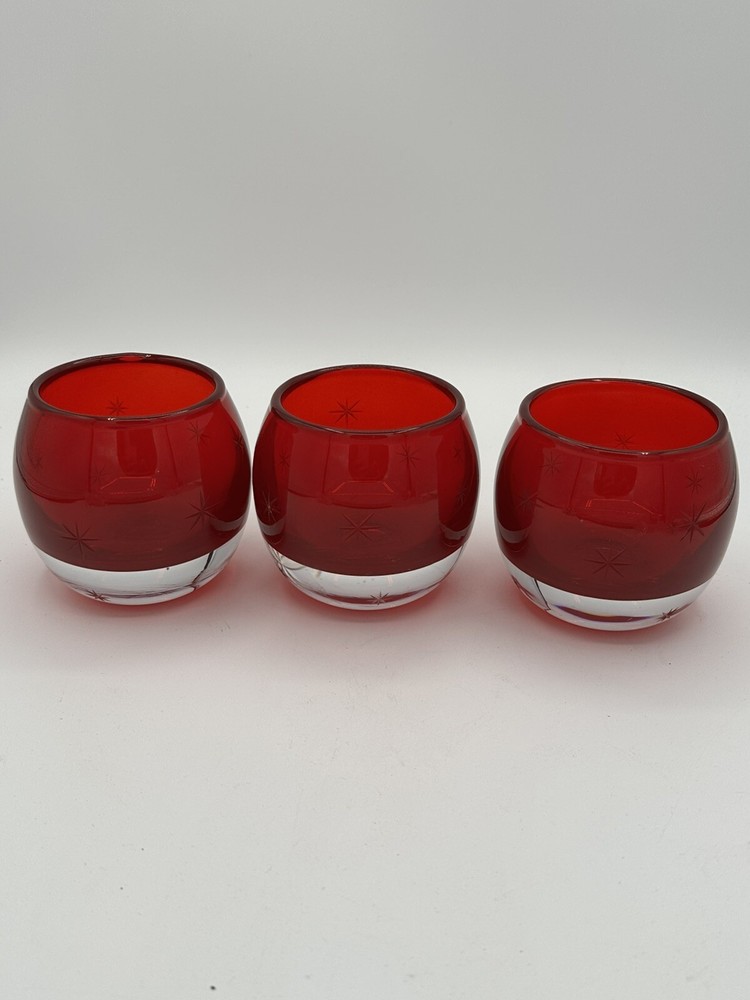 Red Glass Etched Votive Holders Set of 3 - Handmade in Poland for Valentine's & Holidays-image