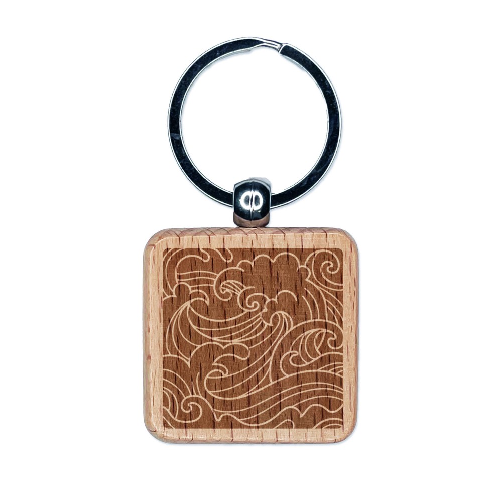 Japanese Ocean Waves Engraved Wood Square Keychain Tag Charm