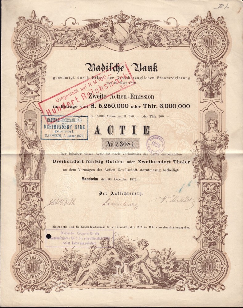 Banco Badische 1871 Mannheim Baden Alemania - muy decorativo