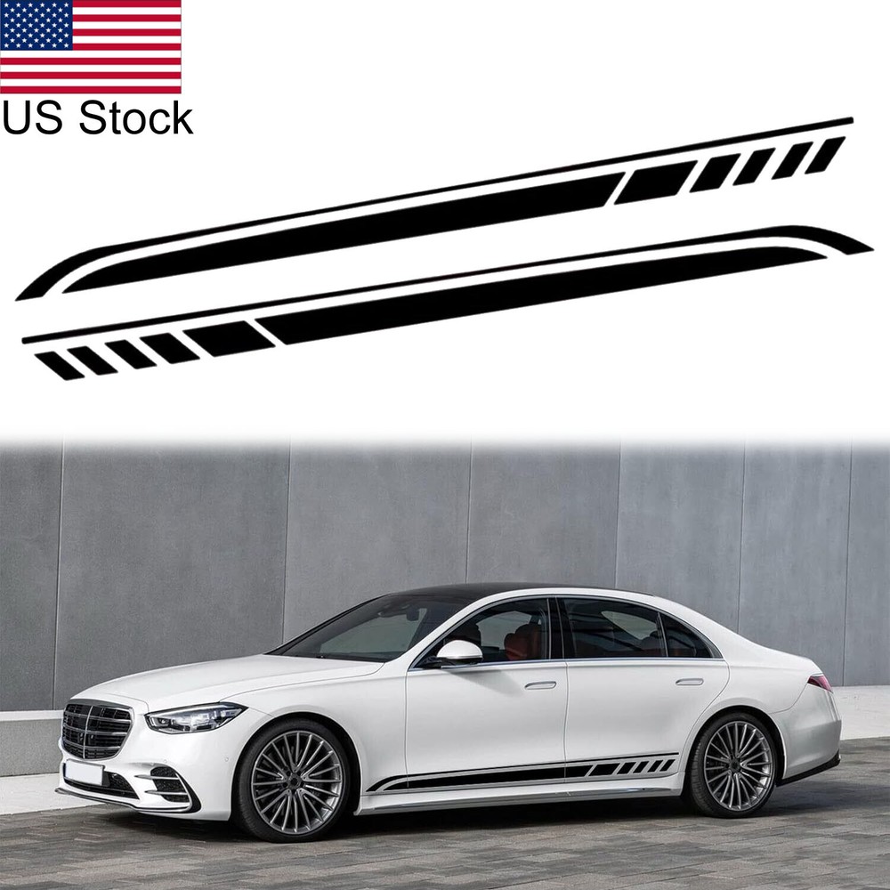 2x 81'' Black Sport Racing Style Stripe Side Body Skirt Decal Stickers Universal