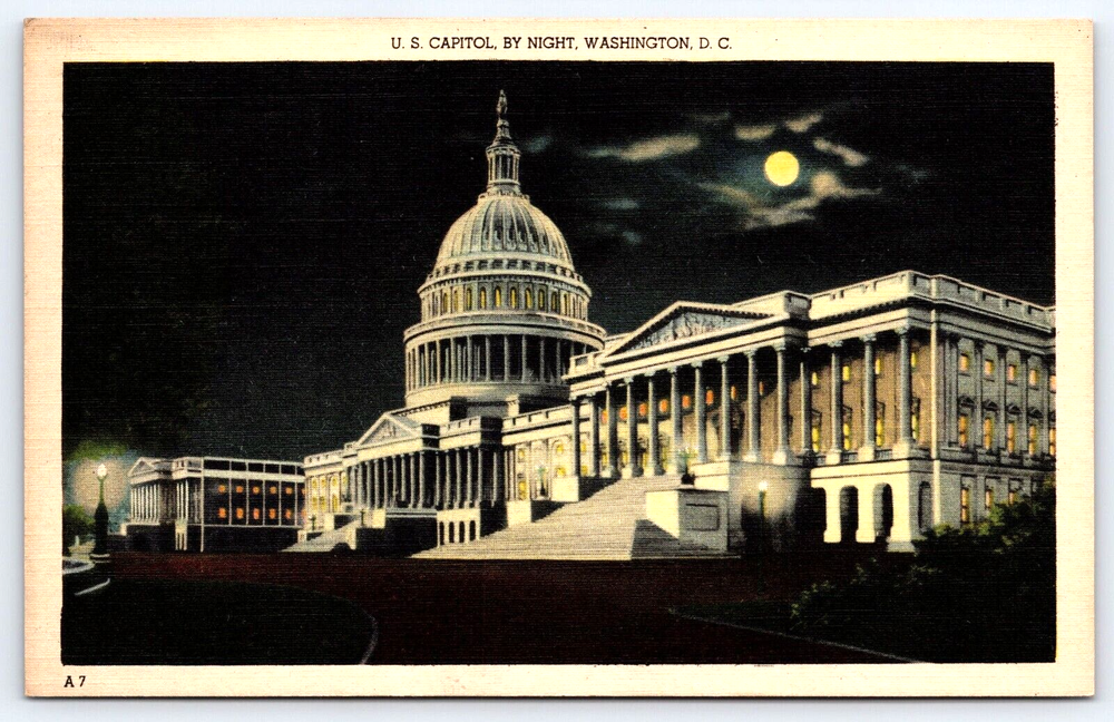 VINTAGE OLD ANTIQUE POSTCARD U.S. CAPITOL BUILDING BY NIGHT WASHINGTON D.C. USA