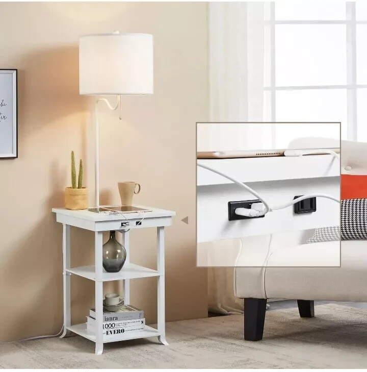 ATAMIN 59.5 Inch Floor Lamp with Charging Station End Table in White  