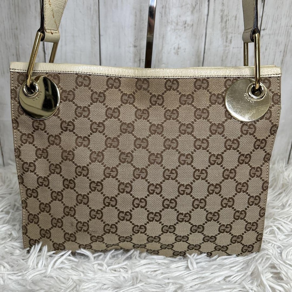 Gucci GG Canvas Shoulder Bag White Leather Logo Pre-Owned