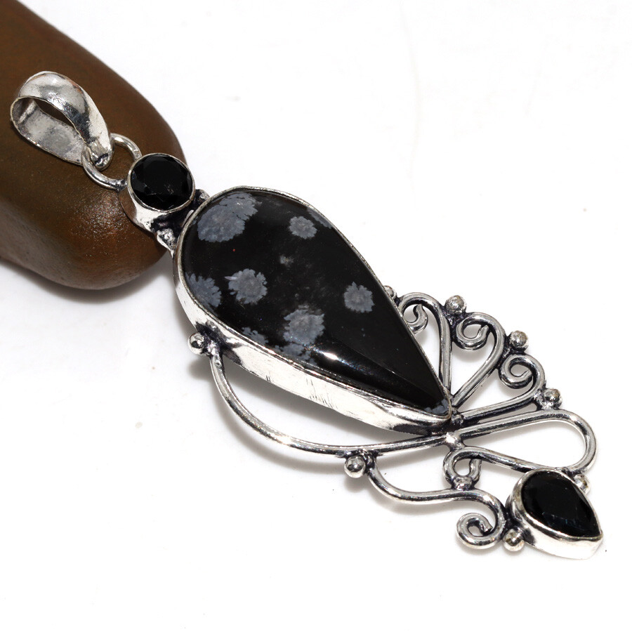 Snowflake Obsidian Black Onyx 925 Silver Long Pendant 2.8 Inches Jewelry