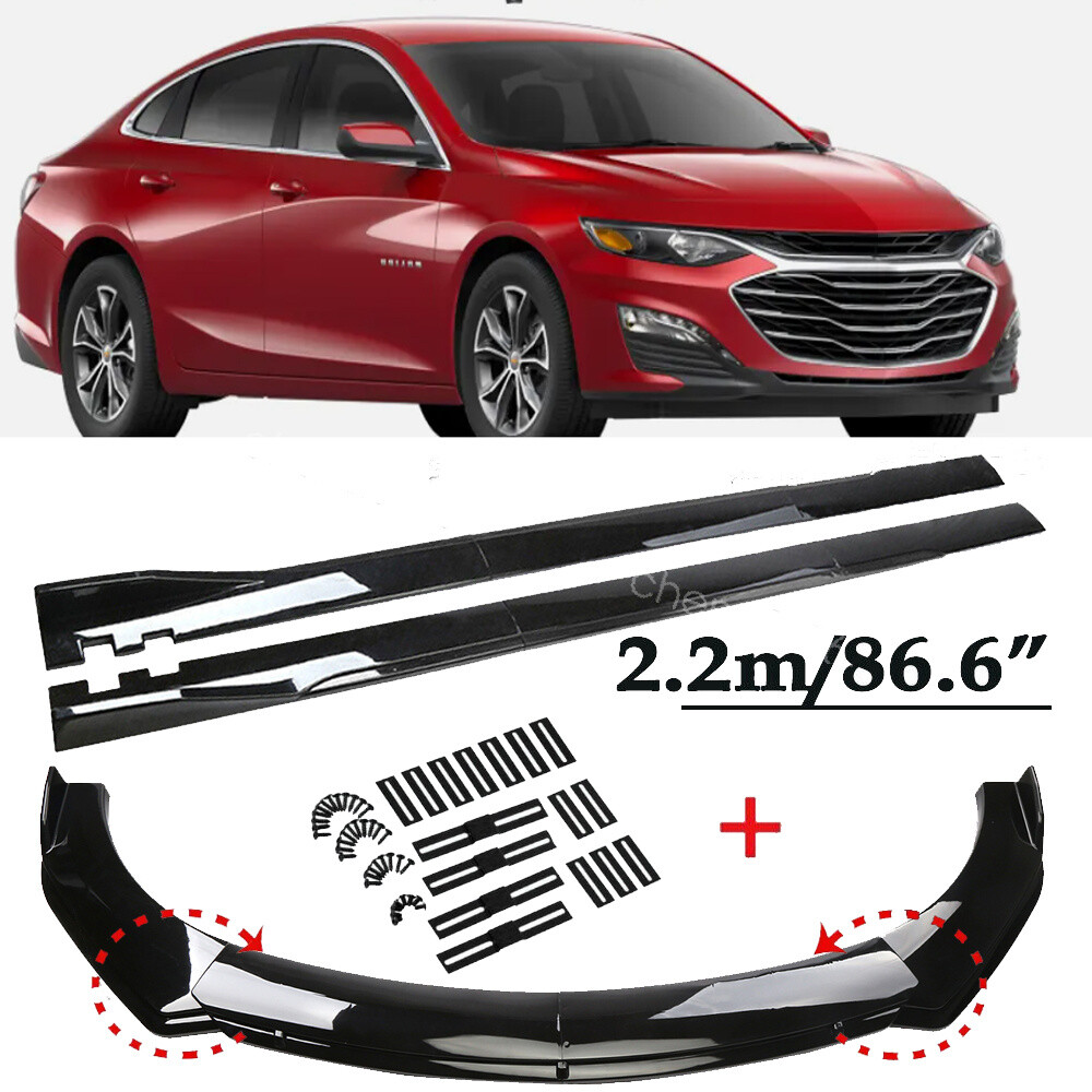 For Chevrolet Malibu Black Front Bumper Lip Spoiler Body Kit+86.6”Side Skirts