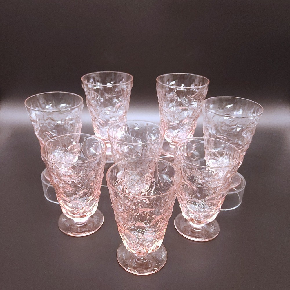 Set of 8 Vtg. Bryce El Rancho Footed Iced Tea Glasses Goblets Pink Crinkle