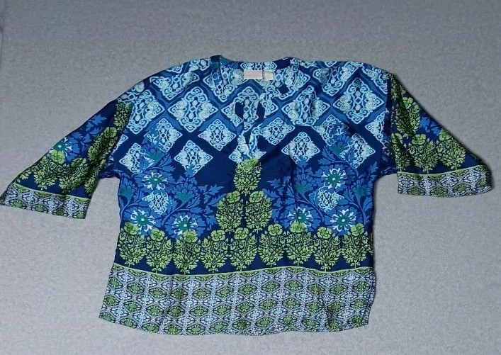 Chicos Tunic Blouse Womens Size 1 Blue And Green Mandelas Vneck 3/4 Sleeve...