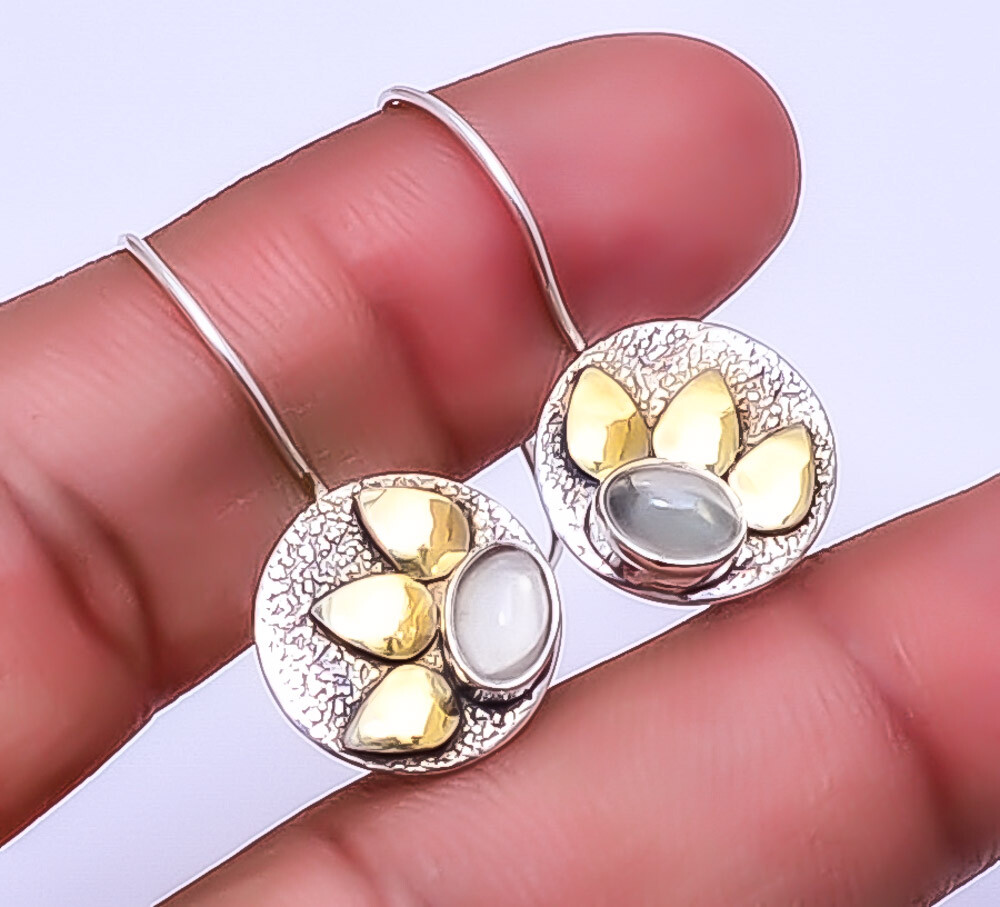 Pink Rose Quartz - Brazil 925 Sterling Silver Two Tone Earring 1.25