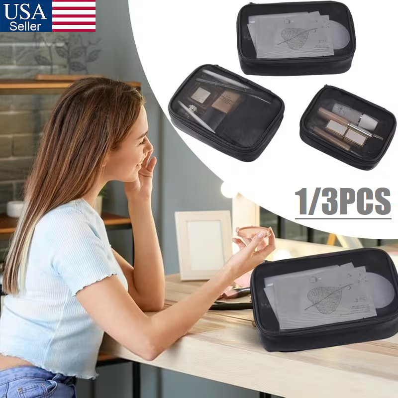 3Pcs Nylon Makeup Bag Cosmetic Pouches Travel Organizer Mesh Bags with Zipper US