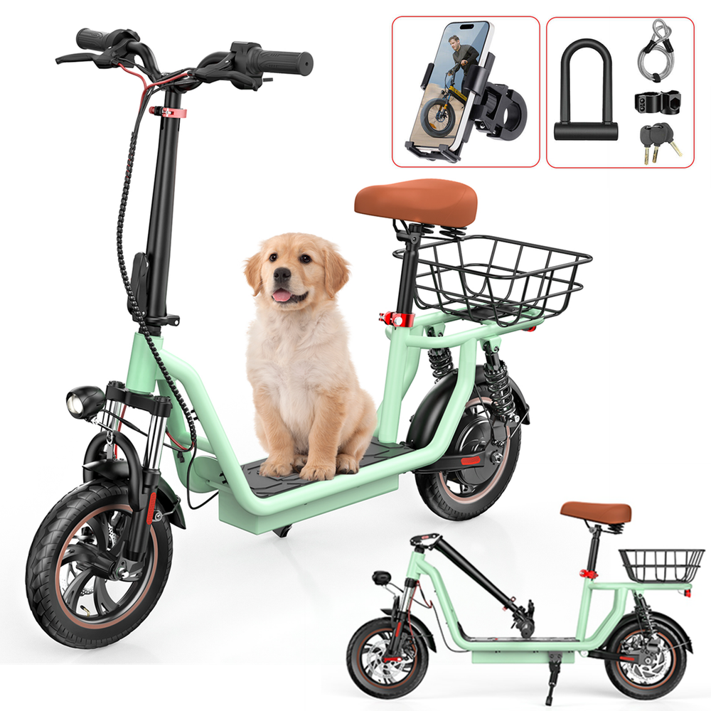 500W Electric Scooter with Seat, Basket & 21-Mile Range
