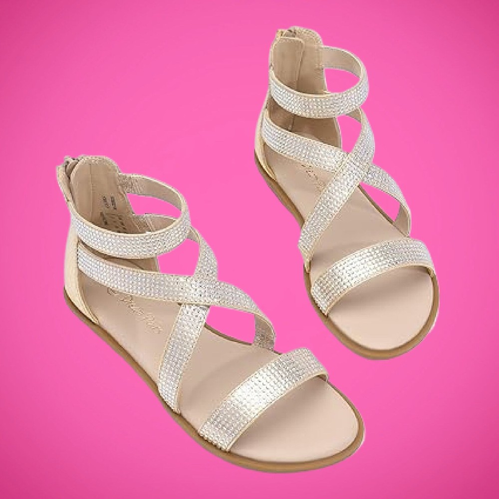 Ladies Girls Size 4 Gold Strappy Sparkle Gladiator Zip-Up Sandals