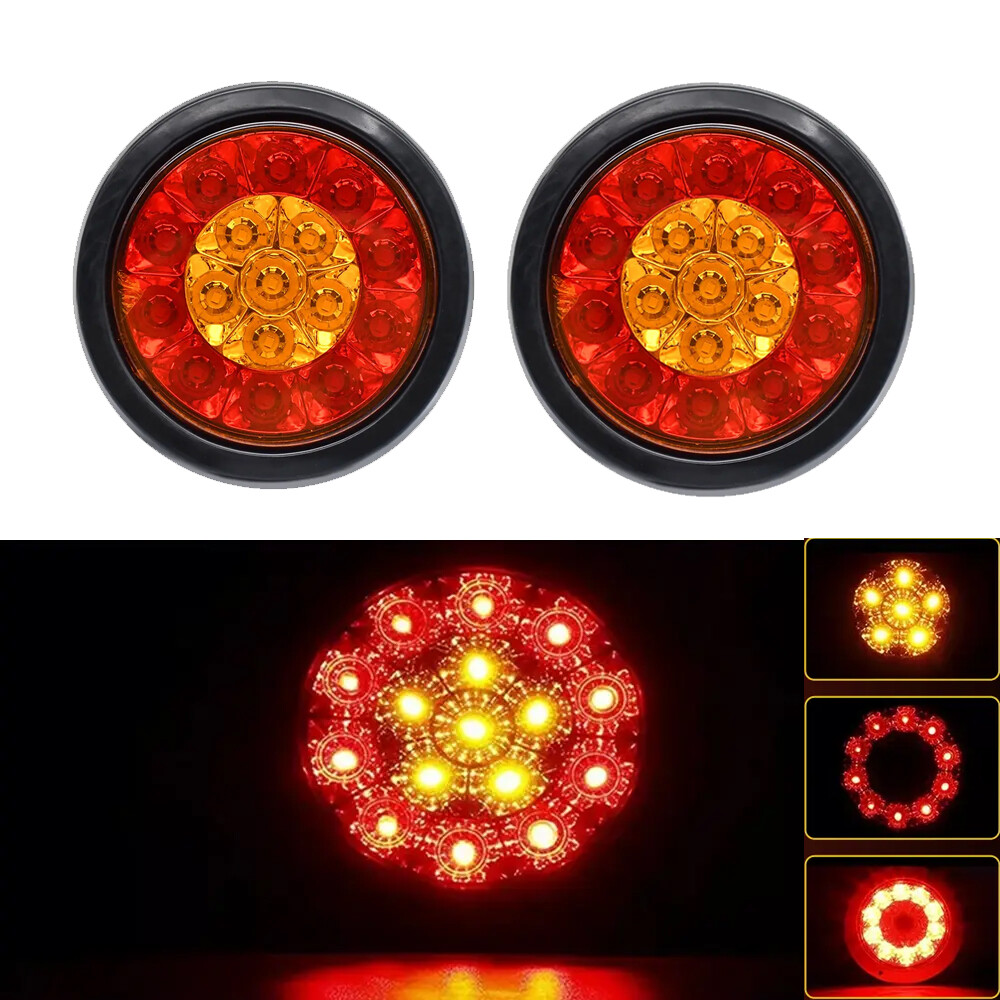 2x 4inch Red+Amber Round LED Truck Trailer Stop Turn Tail Brake Light Waterproof
