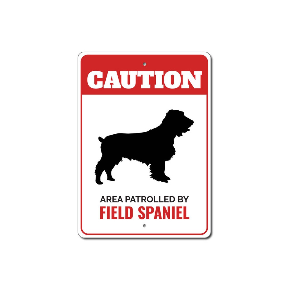 Patrolled By Field Spaniel Caution Metal Sign Dog Kennel Pet Breed Canine K9 Paw