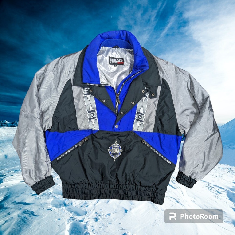 Vintage 90s Mens HEAD Quarter Zip Ski Jacket Blue Silver Black Size XL Retro Winter Sports Apparel