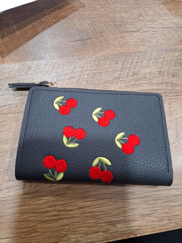 LADIES GIRLS WALLET BLACK WITH EMBROIDERED CHERRY DESIGN 5 X 3.5 X 1 NEW