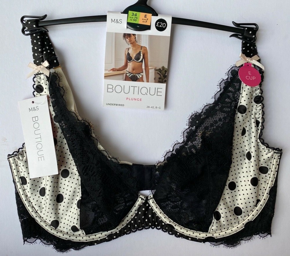 M&S Women Boutique Black White Polka Dot Lace Satin Plunge Bra Lingerie BNWT 34E