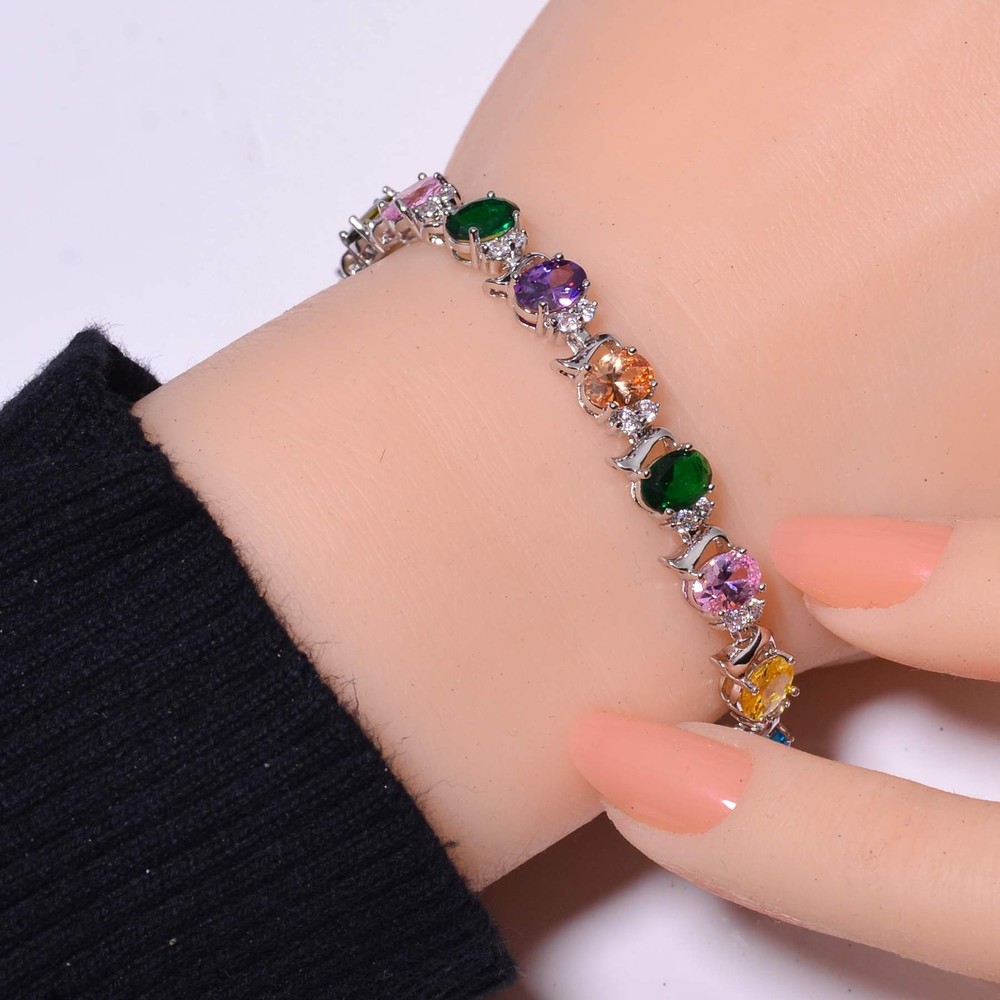 Multi Gemstone & Cubic Zirconia 925 Sterling Silver Tennis Bracelet 7.99