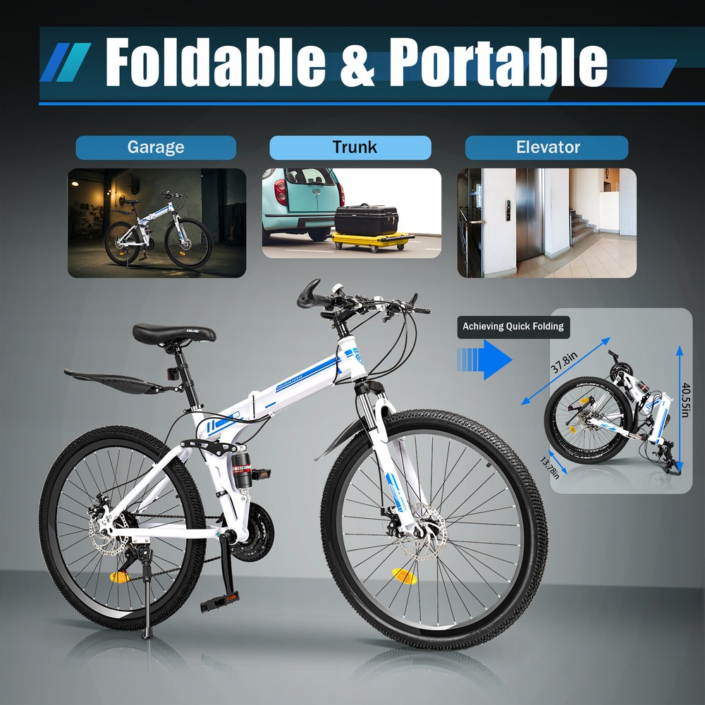 26 Inch Folding Mountain Bike 21-Speed Dual Disc Brake MTB for Men & Women