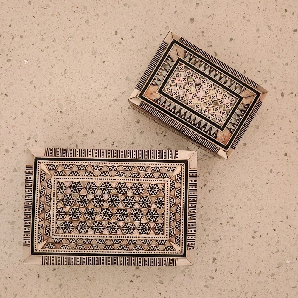 Egyptian Mother-of-Pearl Inlaid Jewelry Box Set - 2 Decorative Trinket Boxes with Lids GUC
