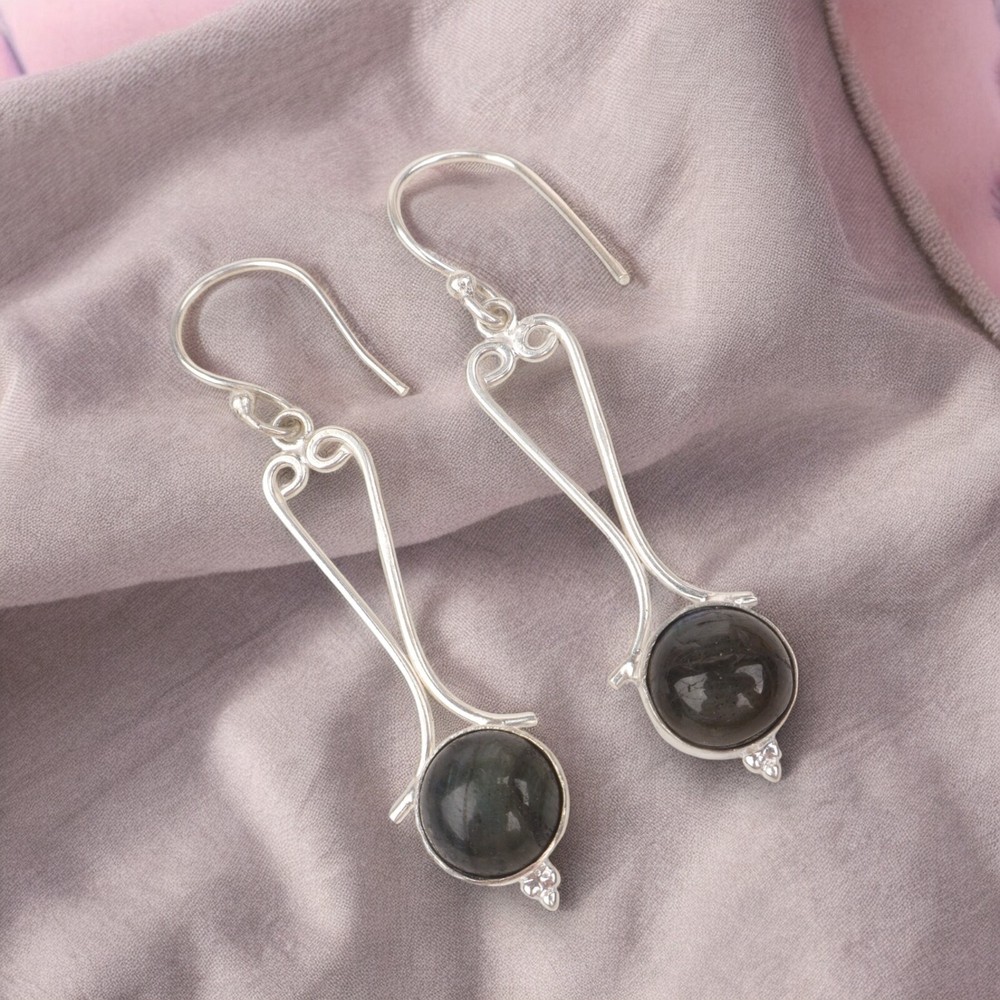 Natural Labradorite 925 Silver Minimalist Drop Earrings For Girls