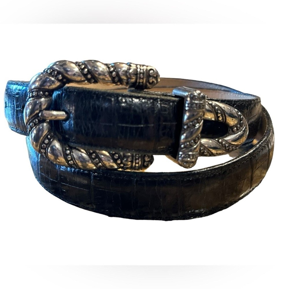 Brighton Women’s Size Medium Black Leather Crocodile Print Belt Silver Buckle