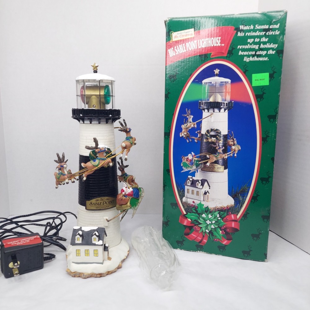 Vintage Mr Christmas Big Sable Point Lighthouse 1999 Animated Santa Circle Up