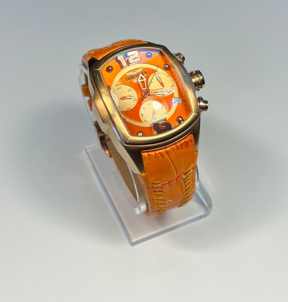 Invicta Lupah Watch Swiss Made Orange Gold Tank Leather Chronograph New Battery