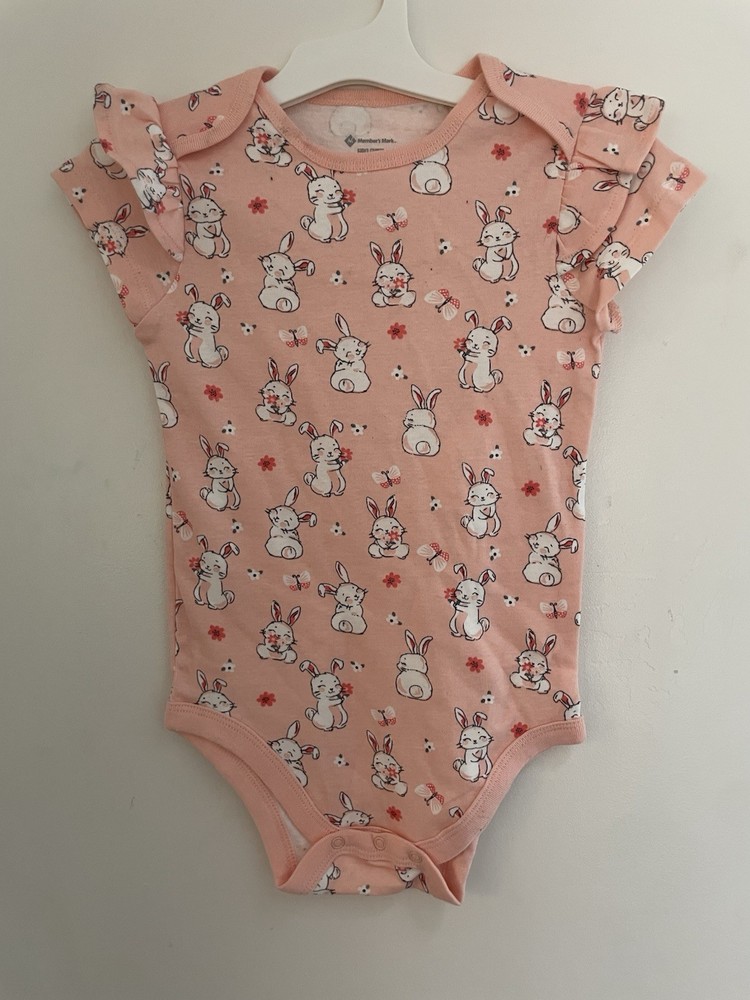 Member's Mark Baby Girls Cute Bunny Cotton Ruffle Short Sleeve Bodysuit Pink 24M