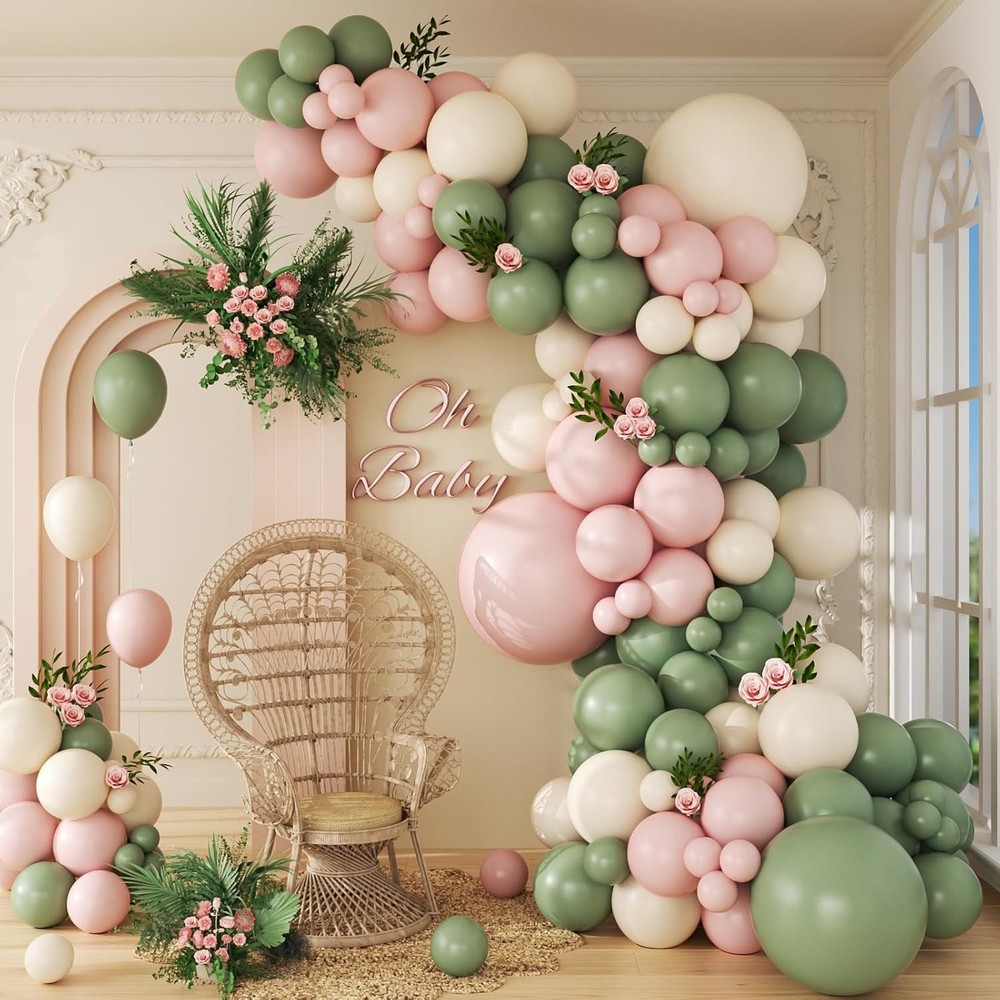 141pcs Pink and Green Balloon Arch Garland Kit with Sage Green Pastel Pink Sand