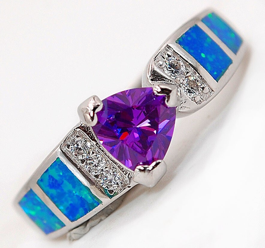 1CT Amethyst & Australian Opal Inlay 925 Sterling Silver Ring Size 8 BA2