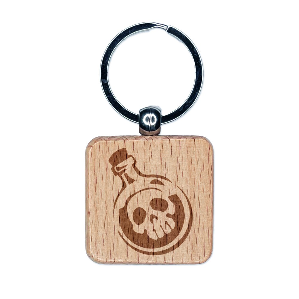 Skull Poison Potion Bottle Engraved Wood Square Keychain Tag Charm