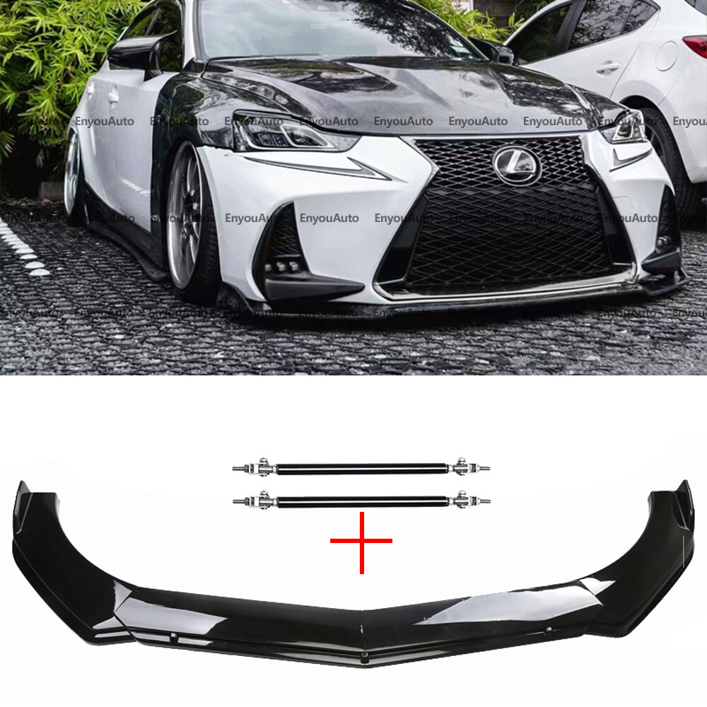 Lexus IS300 IS350 Front Bumper Lip Spoiler with Strut Rods in Glossy Black
