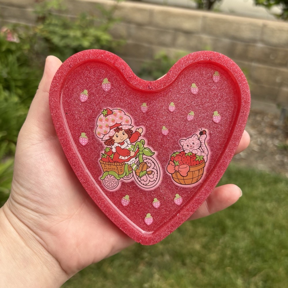 Strawberry Shortcake Custard Glitter Pink Heart Resin Coaster