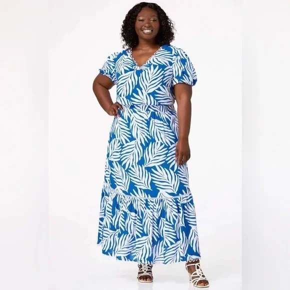 Cato Plus Size Palm Leaf Print Bubble Sleeve Top and Skirt Set Size 18-20