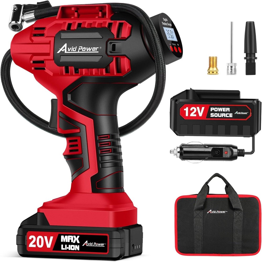 Avid Power Red Cordless Tire Inflator Air Compressor with Li-ion Battery