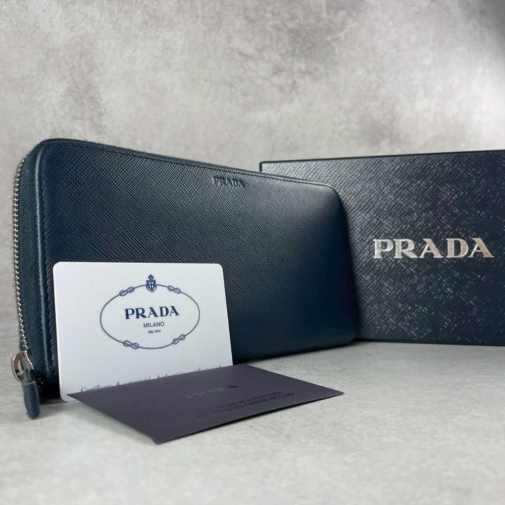 Prada Navy Blue Saffiano Leather Logo Embossed Long Wallet