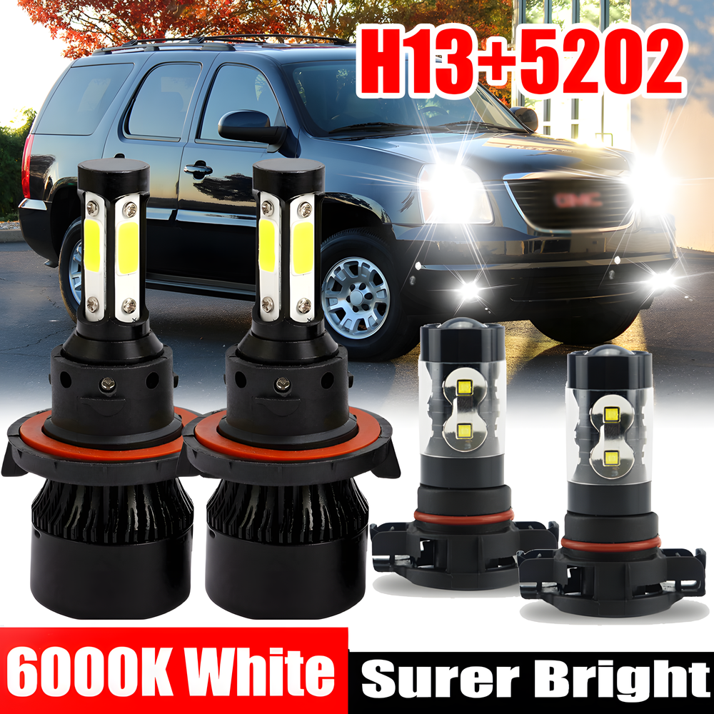 For GMC Yukon 2007-2014 -6K White LED Headlight Hi/Lo Beam Fog Light Bulbs Combo