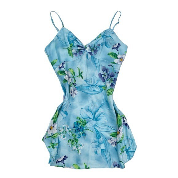 Vintage Victoria's Secret 90s Silk Blue Tropical Floral Slip Dress Size Small
