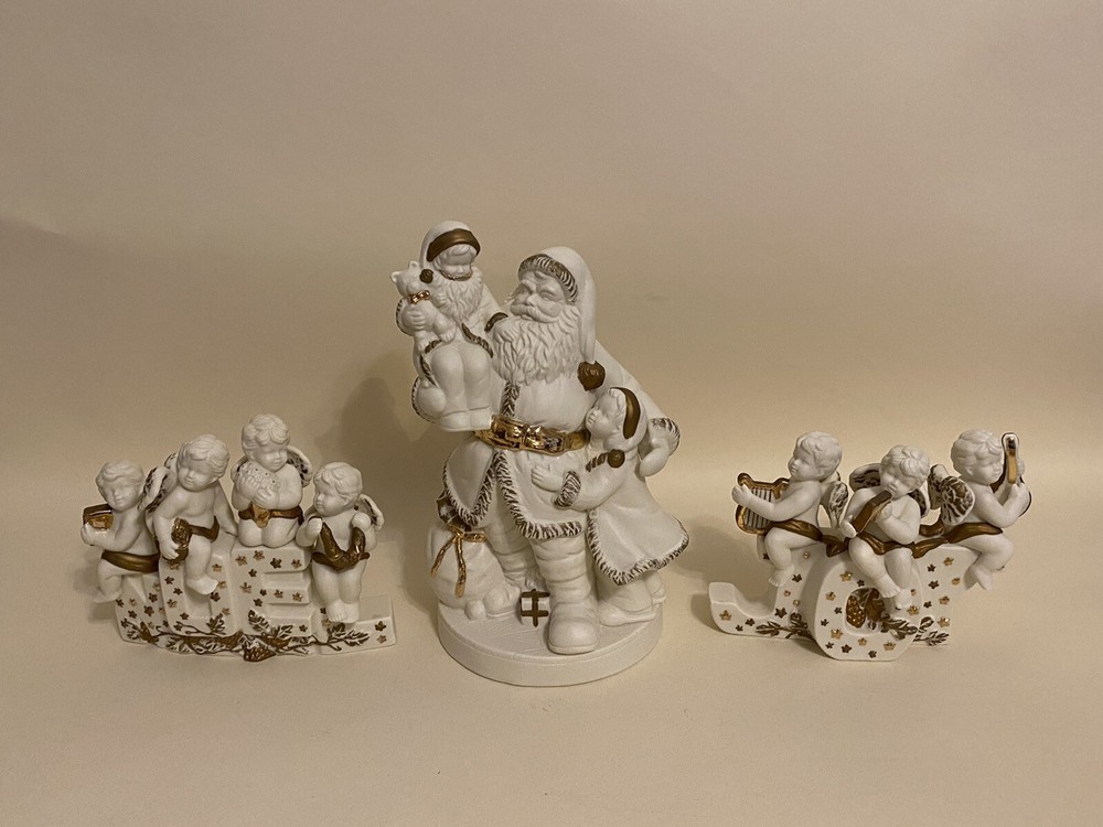 1996 Grandeur Noel 3 Pc. Porcelain Candleholder Set Santa Cherubs Joy Noel EUC