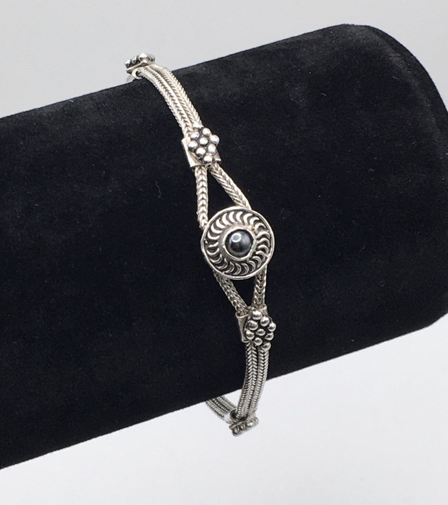 Vintage 925 Sterling Silver Hematite Double Foxtail Chain Bracelet 7.3 Inches #31