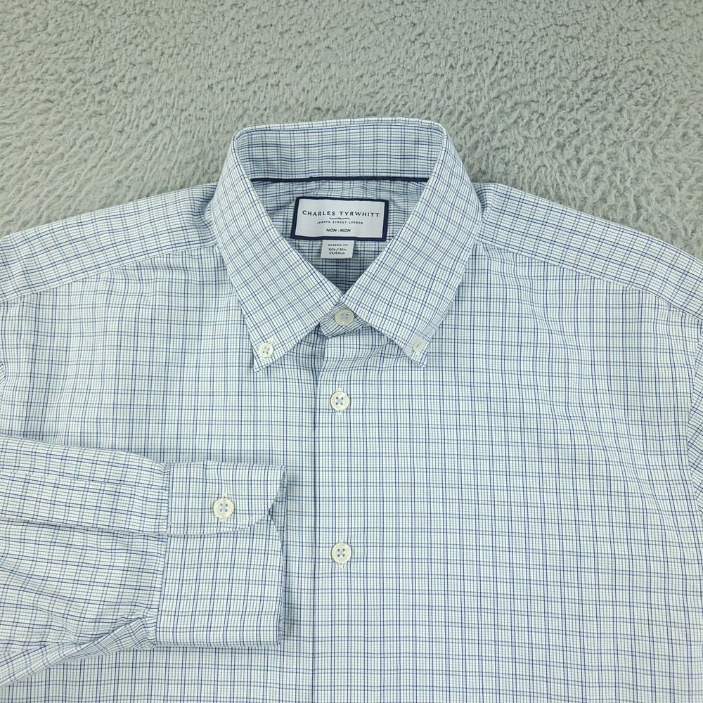 Charles Tyrwhitt Dress Shirt Mens 15.5 Blue Check Classic Non Iron Cotton