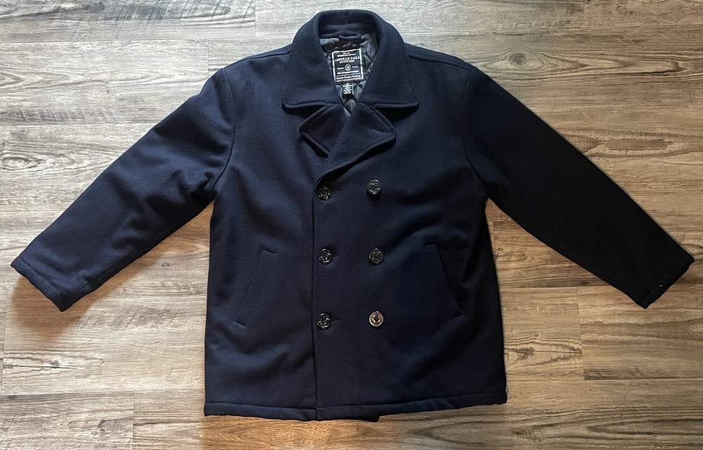 American Eagle Mens Blue Wool Blend Insulated Peacoat Size L Button Front  