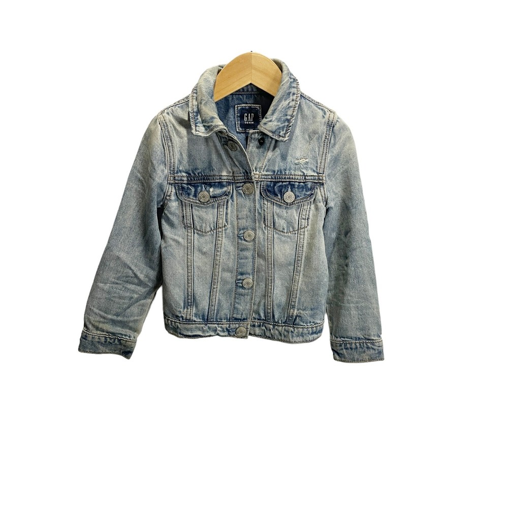 Gap Kids Girls Distress Jean Jacket 5 Years Blue Denim Stretch Cotton Snap Front