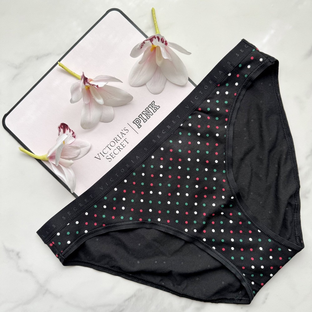 Victoria's Secret Stretch Cotton Smooth Bikini Panty Black Festive Dots