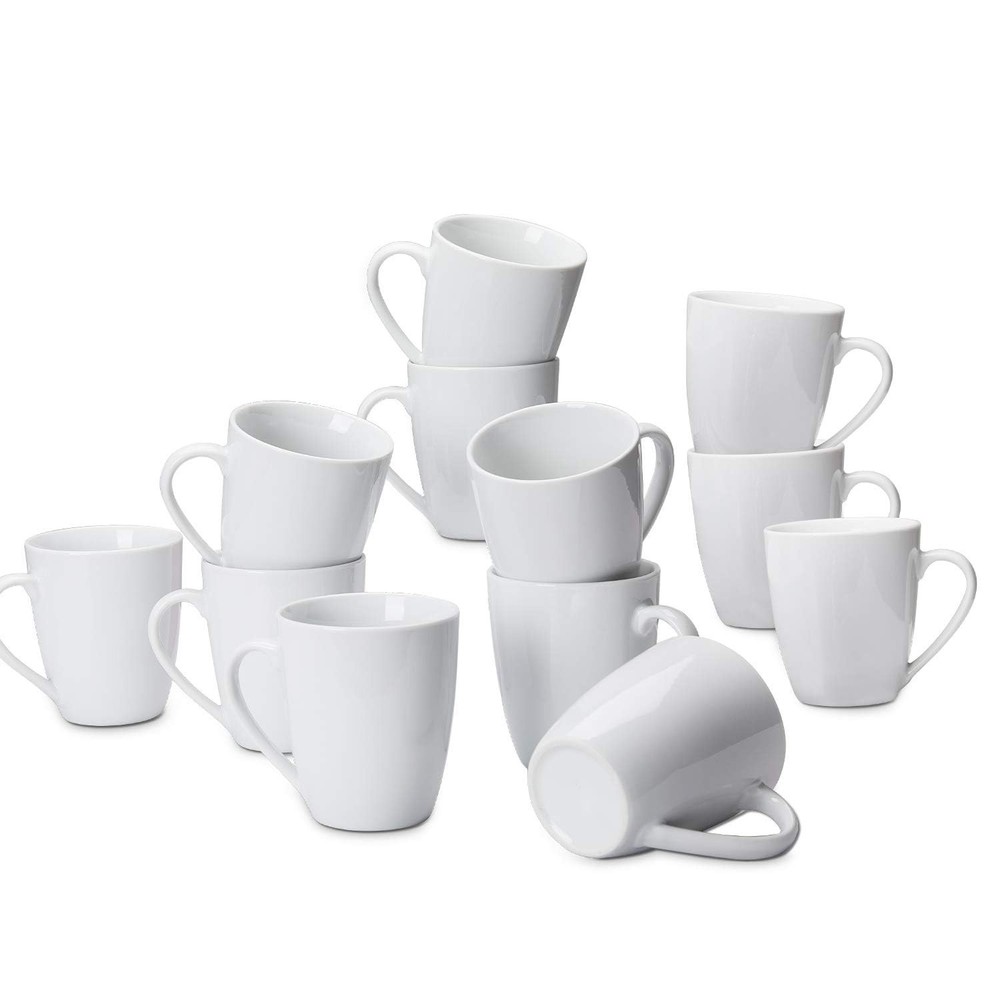 Amazon Basics 12-Pack 12 oz White Porcelain Coffee Mugs
