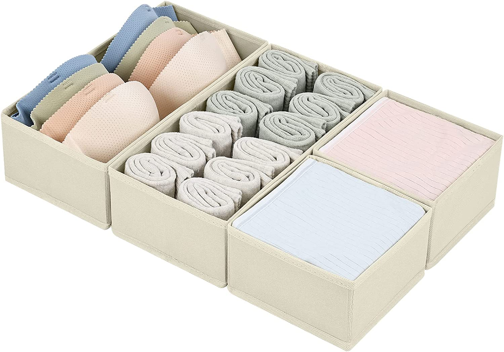 Drawer Organizers Clothes, Set 4 Dresser Organizer Bins, Fabric Closet (Beige)