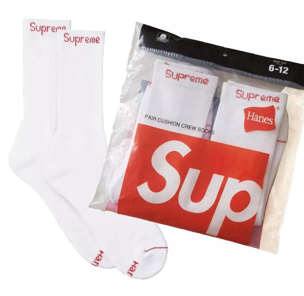 Supreme X Hanes Crew Socks - White, Pack of 2, Size 6-12