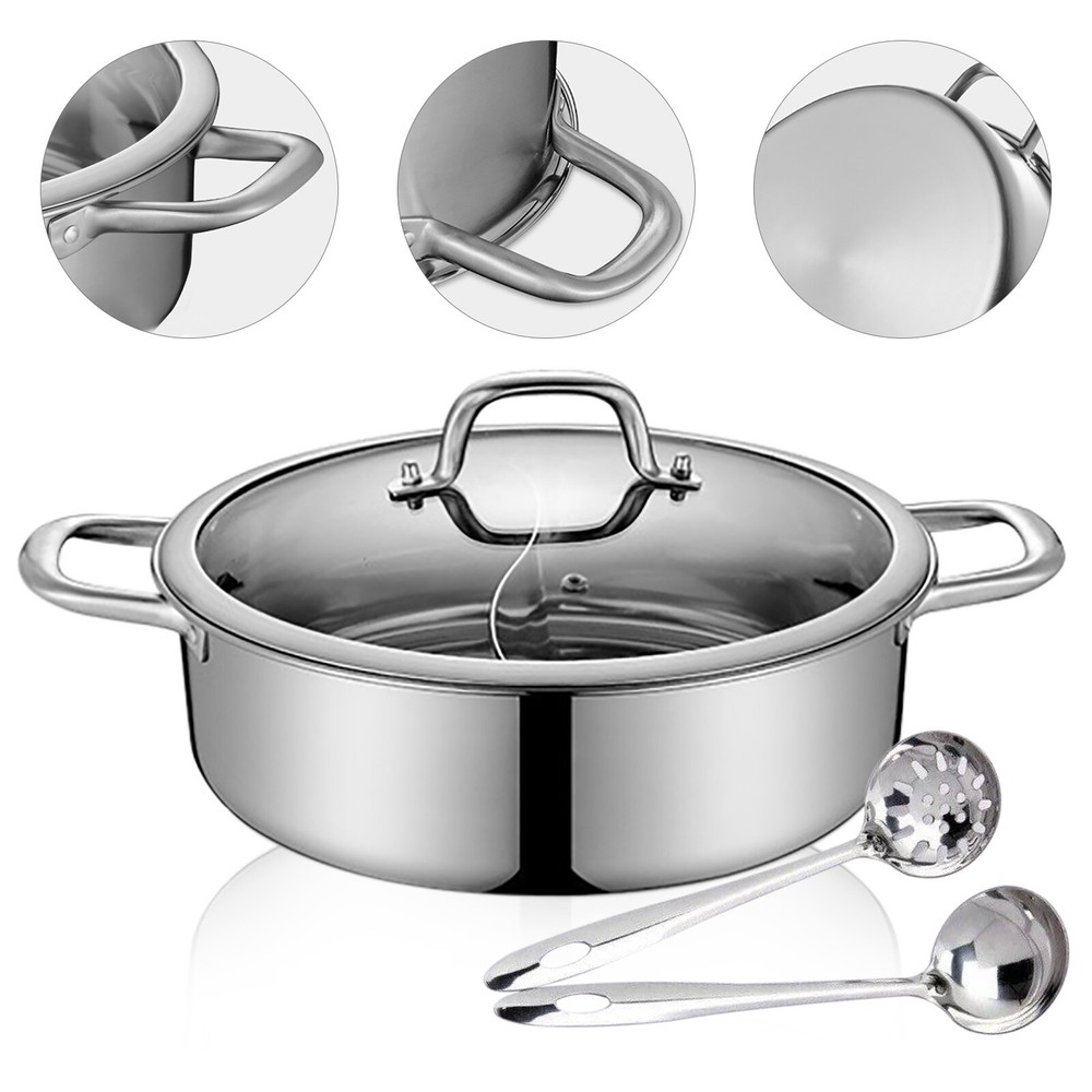 Stainless Steel Dual-Sided Shabu Hot Pot Cookware with Lid for Soup Cooking
