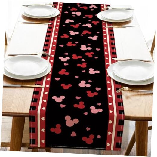 Valentine's Day Black Table Runner with Pink Red Love Hearts for Anniversary Kitchen Decor  